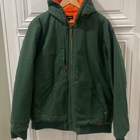 BRIXTON BUILDERS HOODED WARM WORK CANVAS JACKET GREEN ORANGE QUILTED TRUCKER XL - Picture 6 of 11